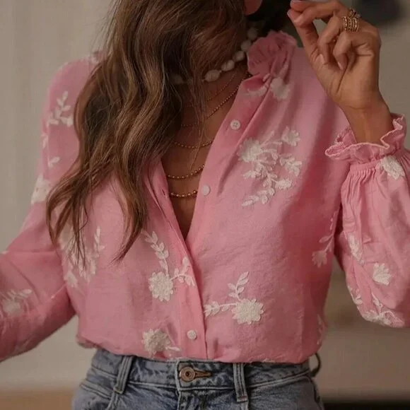 Bestselling Pink Casual Women's Embroidered Ruffle Hem Blouse top - Picture 4 of 6